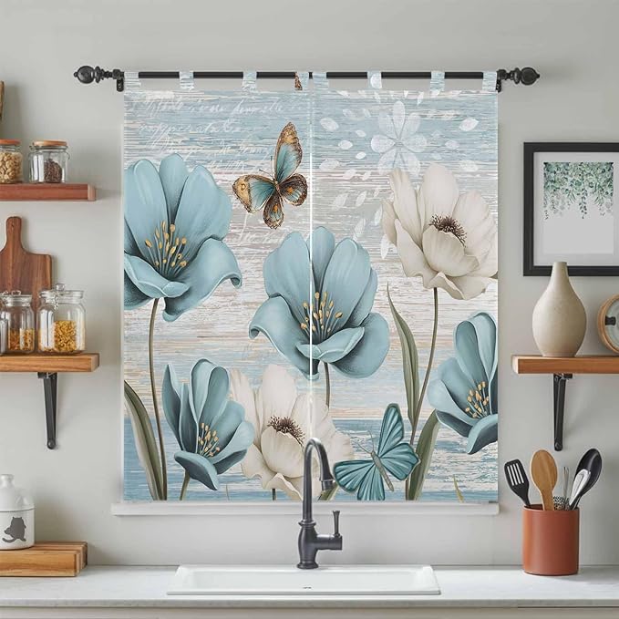 Spring Floral Bathroom Curtains 63 Inch Length, Window Curtains Tab Top, Vintage Tulips Flower Butterfly Retro Wood Blue Light Filtering Window Treatments Drapes 52"x63" 2 Panel