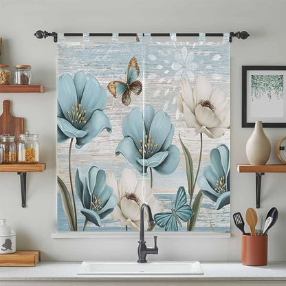 Spring Floral Living Room Curtains 84 Inch Length, Window Curtains Tab Top, Vintage Tulips Flower Butterfly Retro Wood Blue Light Filtering Window Treatments Drapes 42"x84" 2 Panel