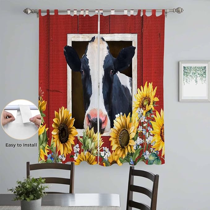 Cow Sunflowers Living Room Curtains 84 Inch Length, Window Curtains Tab Top, Botanical Floral Leaves Bees Farm Barn Light Filtering Window Treatments Drapes 52"x84" 2 Panel