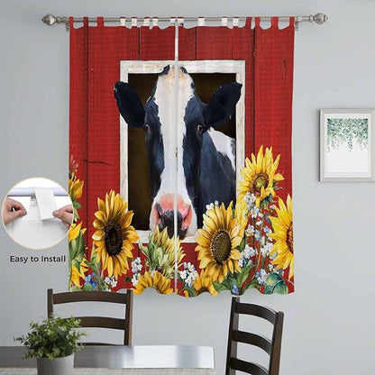 Cow Sunflowers Living Room Curtains 96 Inch Length, Window Curtains Tab Top, Botanical Floral Leaves Bees Farm Barn Light Filtering Window Treatments Drapes 52"x96" 2 Panel
