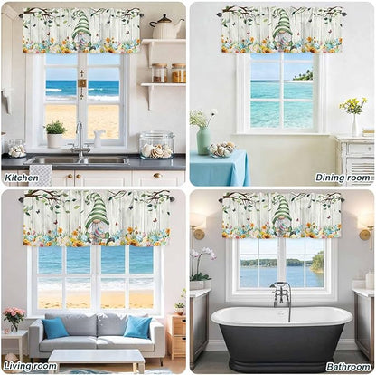 Easter Gnomes Curtain Valances for Windows, Kitchen Valance Window Treatment, Spring Watercolor Eggs Flower Wood Grain Light Filtering Block Curtains for Bathroom/Bedroom/Living Room 42'' x 18''