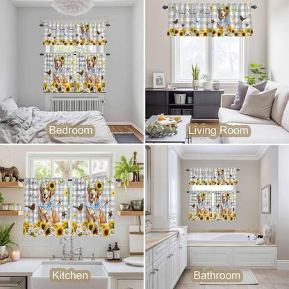 Kitchen Curtains Tiers and Valance Set of 3, Sunflowers Dog Light Filtering Window Curtain Set, Spring Watercolor Floral Stars Grey Plaid Rod Pocket Curtain Drapes for Living Room, 24 Inches Tiers