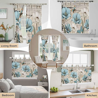 Teal Blue Tulips Bedroom Curtains 72 Inch Length, Window Curtains Tab Top, Spring Floral Barn Doors Vintage Wood Beige Light Filtering Window Treatments Drapes 52"x72" 2 Panel