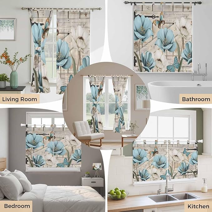 Teal Blue Tulips Living Room Curtains 84 Inch Length, Window Curtains Tab Top, Spring Floral Barn Doors Vintage Wood Beige Light Filtering Window Treatments Drapes 52"x84" 2 Panel