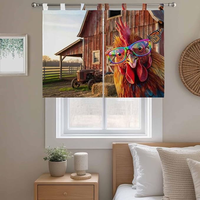 Farm Rooster Bedroom Curtains 63 Inch Length, Window Curtains Tab Top, Farmhouse Barn Funny Animals Butterfly Light Filtering Window Treatments Drapes 42"x63" 2 Panel