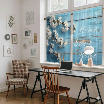 Farmhouse Wooden Grain Kitchen Curtains, Vintage Shabby Chic Flower Blue Light Filtering Window Curtain Panels, 2Pcs Rod Pocket Window Treatments Set for RV Dining Room Study Room 42x45 Inches