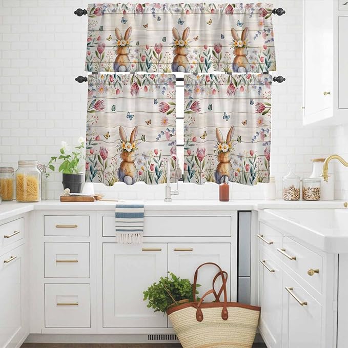 Kitchen Curtains Tiers and Valance Set of 3, Easter Light Filtering Window Curtain Set, Spring Bunny Butterfly Botanical Wooden Grain Rod Pocket Curtain Drapes for Cafe, Living Room, 24 Inches Tiers