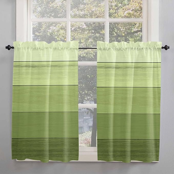 Gradient Green Wooden Board Window Valance Curtains, Retro Country Wood Grain Light Filtering Kitchen Valance with 3-inch Rod Pocket for Living Room Bathroom Bedroom,2 Panel,42x54In