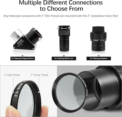 Astromania Telescope Moon Filter 2 inch, Neutral Density Telescope Filter ND96-0.3 with 50% Light Transmission Reduces Moon Glare&Enhances Lunar Crater Detail, Work with Telescope Accepts 2" Eyepiece