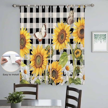 Sunflowers Living Room Curtains 84 Inch Length, Window Curtains Tab Top, Yellow Flowers Butterfly Farmhouse Black Plaid Light Filtering Window Treatments Drapes 52"x84" 2 Panel