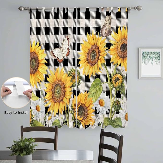 Sunflowers Living Room Curtains 96 Inch Length, Window Curtains Tab Top, Yellow Flowers Butterfly Farmhouse Black Plaid Light Filtering Window Treatments Drapes 52"x96" 2 Panel