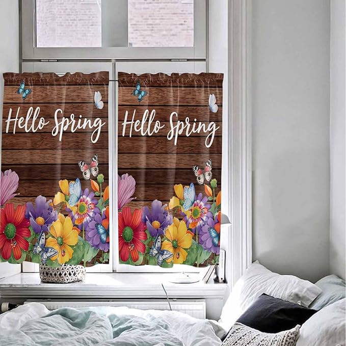 Spring Flowers Kitchen Curtains 54 Inches Length, Watercolor Farmhouse Colorful Wooden Grain Window Treatment Curtain Drapes, Decorative Window Curtains for Bedroom Cafe, 52"x54", 2 Panels