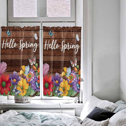 Spring Flowers Kitchen Curtains 54 Inches Length, Watercolor Farmhouse Colorful Wooden Grain Window Treatment Curtain Drapes, Decorative Window Curtains for Bedroom Cafe, 52"x54", 2 Panels