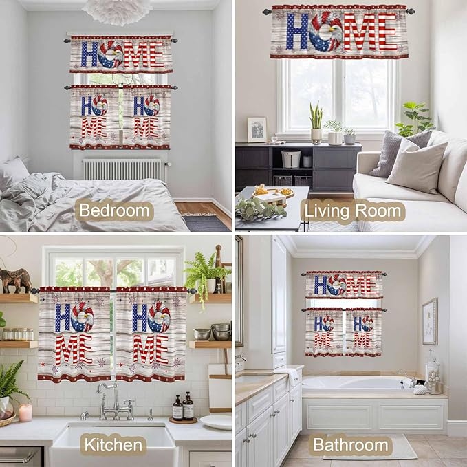 4th of July Kitchen Curtains Set 3 Piece for Windows,Rod Pocket Valance and Tier Set 36 Inch Length,Stars Striped Farmhouse American Flag Wood Grain Light Filtering Cafe Curtains for Living Room