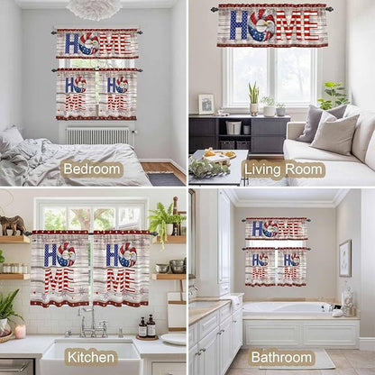 4th of July Kitchen Curtains Set 3 Piece for Windows,Rod Pocket Valance and Tier Set 36 Inch Length,Stars Striped Farmhouse American Flag Wood Grain Light Filtering Cafe Curtains for Living Room