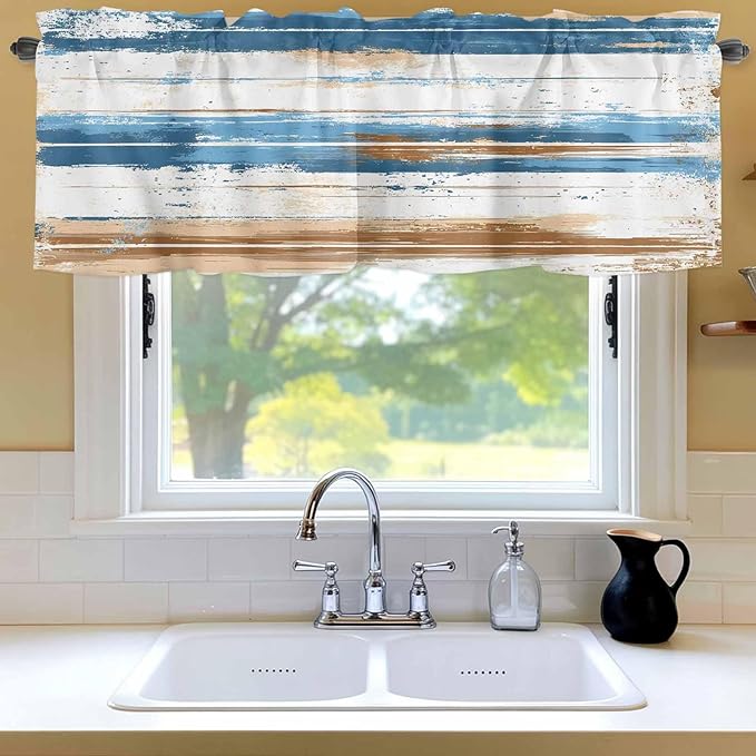 Vintage Blue Valances for Windows, Brown Wood Grain Mottled Texture Abstract Art Kitchen Valance Light Filtering Rod Pocket Short Curtains for Kitchen Bathroom, 1 Panel, 54"x18"