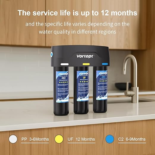 Vortopt Under Sink Water Filter,with PP,UF,and CTO Cartridges for Water Filtration and Drinking Water,F03,Black.