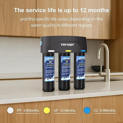 Vortopt Under Sink Water Filter,with PP,UF,and CTO Cartridges for Water Filtration and Drinking Water,F03,Black.