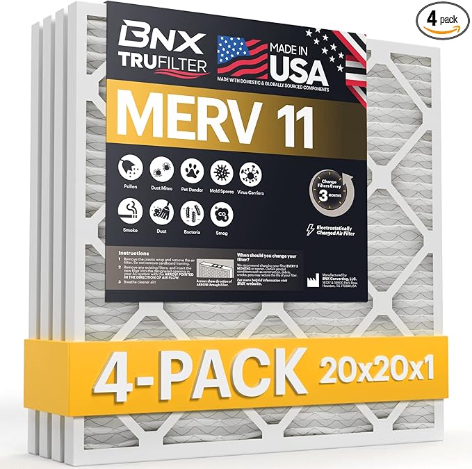 BNX TruFilter 20x20x1 Air Filter MERV 11 (4-Pack) - MADE IN USA - Allergen Defense Electrostatic Pleated Air Conditioner HVAC AC Furnace Filters for Allergies, Dust, Pet, Smoke, Allergy MPR 1200 FPR 7