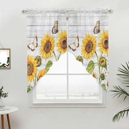 Yellow Sunflowers Swag Valances for Windows, Vintage Country Flowers Butterfly Wood Board Rod Pocket Kitchen Curtains Valance, Small Window Curtains Swag for Cafe Living Room, 2 Panels, 36x36 inch