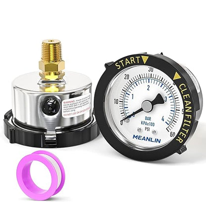 MEANLIN MEASURE 0~60Psi Stainless Steel Start and Clean Filter Pressure Gauge 1/4" NPT 2"FACE DIAL Waterproof for Pool Filter Pump Swimming Pool, spa, Aquarium Back Mount with Rotatable Plastic Frame