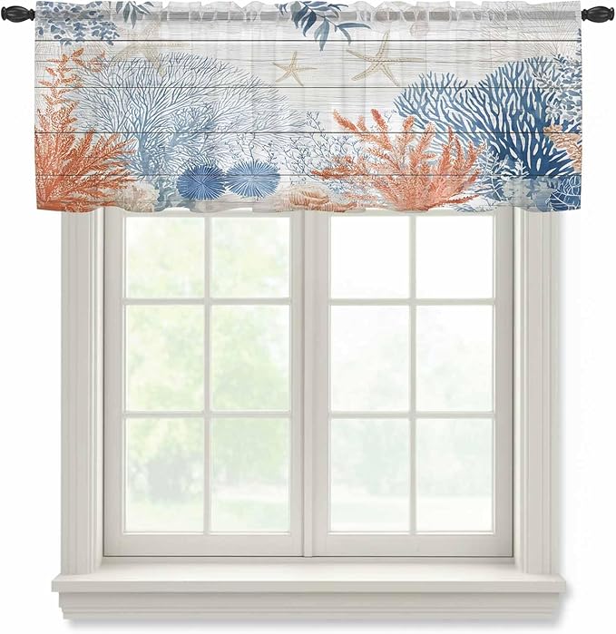 Ocean Corals Sheer Valance Curtains, Summer Beach Coral Sea Stars Wood Grain Light Filtering Kitchen Valances Rod Pocket Voile Curtain Window Treatment for Bedroom/Living Room/Basement 54Wx18L
