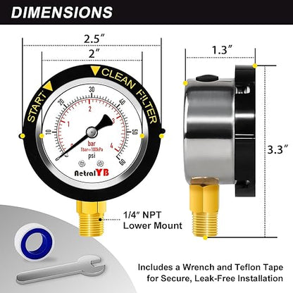 0-60PSI Pool Filter Pressure Gauge, 2 inches Dial, 1/4" NPT Bottom Mount, 304Stainless Steel Case, IP67 Waterproof, Clean Filter Indicator, for Swimming Water Pump Spa Aquarium Pressure Test