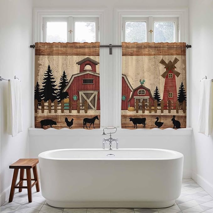 Brown Farmhouse Tier Curtains, Vintage Country Animals Wooden Grain Light Filtering Kitchen Curtains, 2Pcs Rod Pocket Half Window Treatments Panels for Sink Cafe Cabinet Basement 27.5x45 Inches