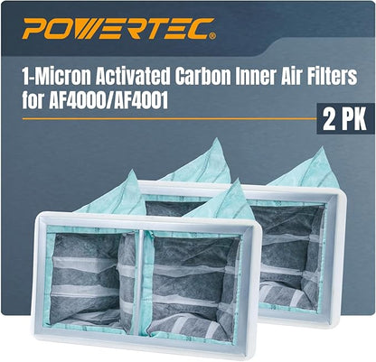 POWERTEC 1 Micron Activated Carbon Inner Air Filters for WEN 3410, POWERTEC AF4000/AF4001 & Shop Fox W1830 Air Filtration Systems for Workshop and Garage, Replacement for WEN AF916C, 2PK (75112-P2)
