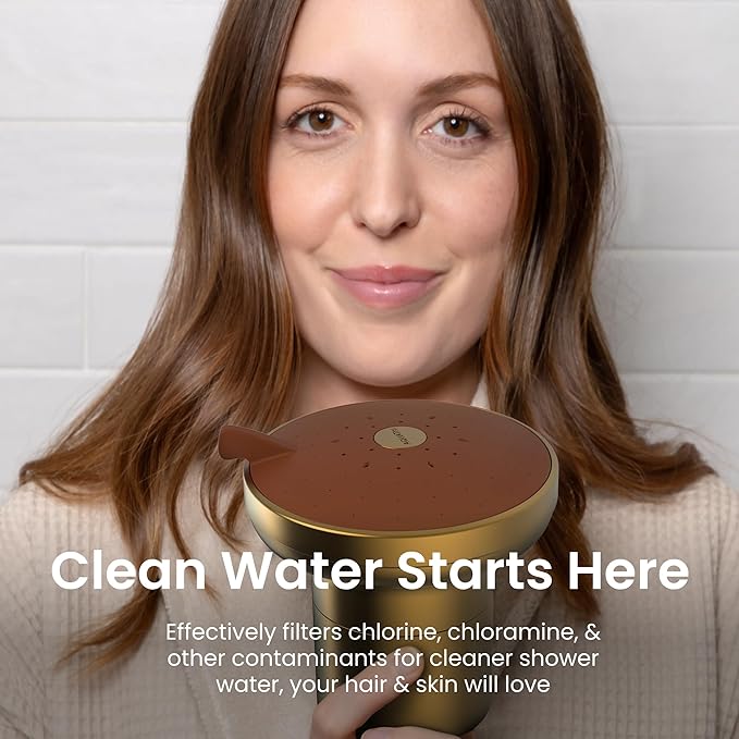 AquaTru Shower - High Pressure Shower Filter Removes Impurities from Hard Water to Support Healthy Skin, Scalp, Hair, Reduce Breakage, and Enhance Your Beauty and Self-Care Routine (Brushed Gold)
