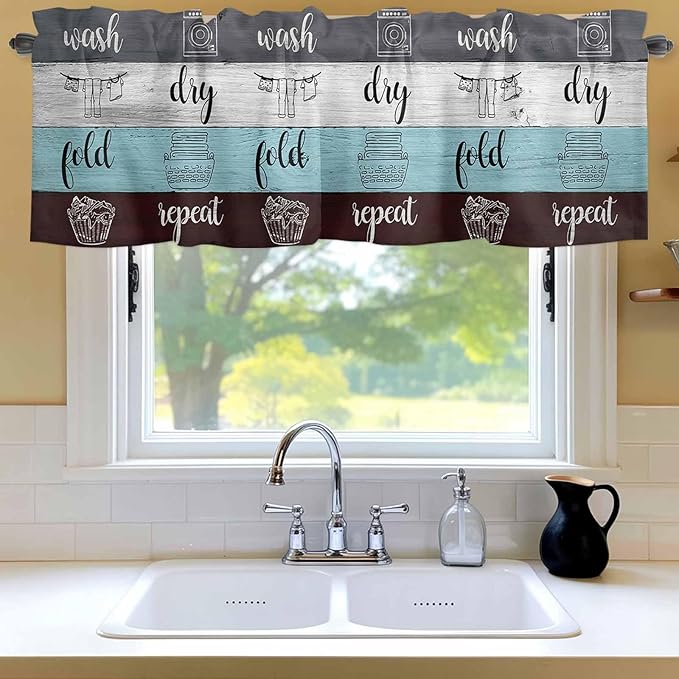 Laundry Rules Valances for Windows, Retro Blue White Wood Board Grain Kitchen Valance Light Filtering Rod Pocket Short Curtains for Kitchen Bathroom, 1 Panel, 56"x16"