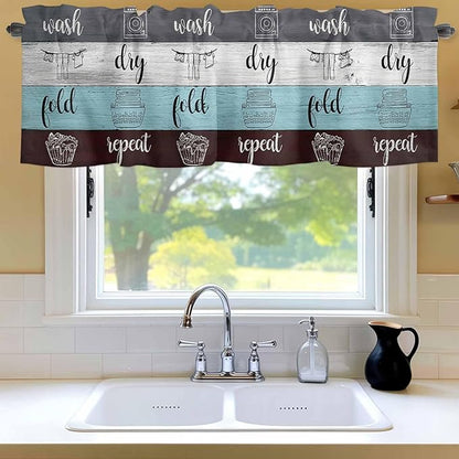 Laundry Rules Valances for Windows, Retro Blue White Wood Board Grain Kitchen Valance Light Filtering Rod Pocket Short Curtains for Kitchen Bathroom, 1 Panel, 42"x12"