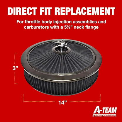 A-Team Performance High Flow Throttle Body Air Intake Filter - 14 in x 3 in, Round, Black - Carburetor Air Filter Kit - Washable & Reusable Design - Compatible with Chevrolet, GMC & Ford Models