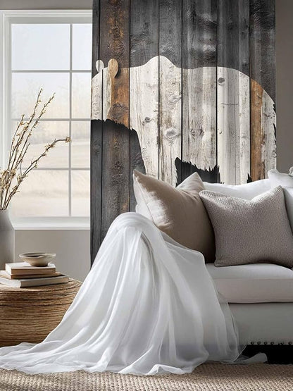 Sheer Curtains 63 Inch Length, Vintage White Brown Bear Semi Sheer Curtains Light Filtering Window Treatment, Retro Country Rustic Wood Grain Privacy Voile Drapes for Living Room Bedroom 52x63 Inch