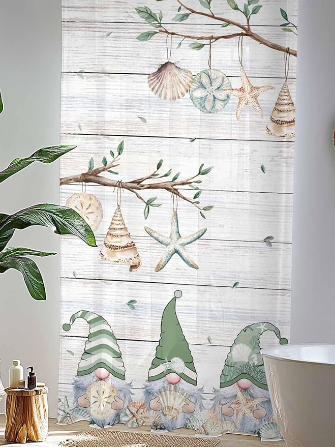 Sheer Curtains 96 Inches Long, Sage Green Gnomes Semi Sheer Curtains Light Filtering Window Treatment, Eucalypus Coastal Anchor Retro Wood Privacy Voile Drapes for Living Room Bedroom 52x96 Inch