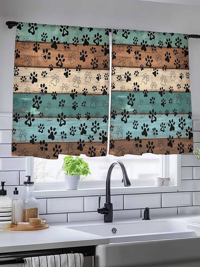 Sheer Curtains 45 Inch Length, Green Brown Paw Print Semi Sheer Curtains Light Filtering Window Treatment, Vintage Farmhouse Country Wooden Grain Privacy Voile Drapes for Living Room 52x45 Inch