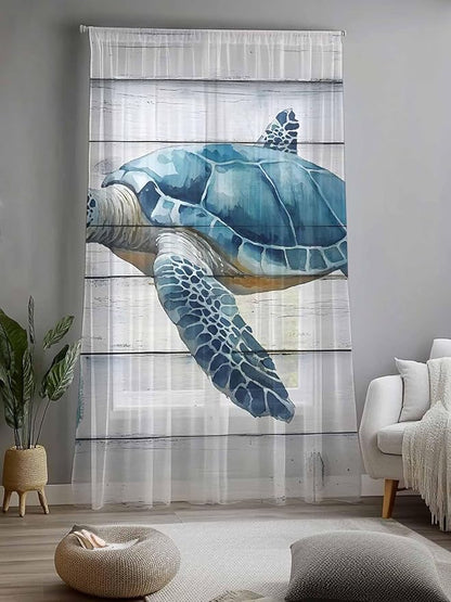 Sheer Curtains 96 Inches Long, Sea Turtle Blue Semi Sheer Curtains Light Filtering Window Treatment, Coastal Ocean Seaweed Wood Grain Privacy Voile Drapes for Living Room Bedroom 52x96 Inch