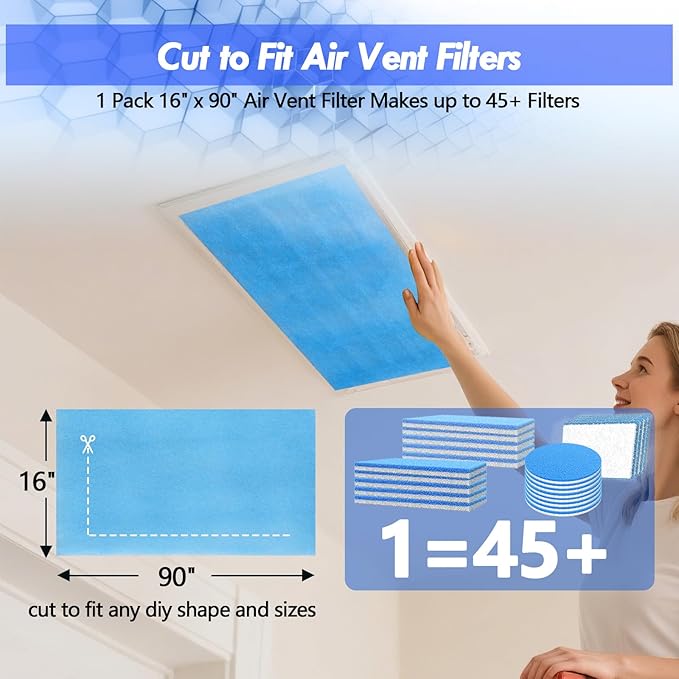 Air Vent Filter Kit - 16" x 90" Cut to Fit Air Filter Materials MERV 8 Electrostatic Media Roll for Home Floor, Ceiling, AC, HVAC, RVC Furnace Vents, With 48PCs Adhesive Hook Tape