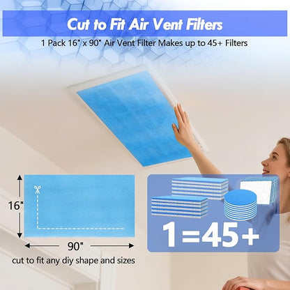 Air Vent Filter Kit - 16" x 90" Cut to Fit Air Filter Materials MERV 8 Electrostatic Media Roll for Home Floor, Ceiling, AC, HVAC, RVC Furnace Vents, With 48PCs Adhesive Hook Tape