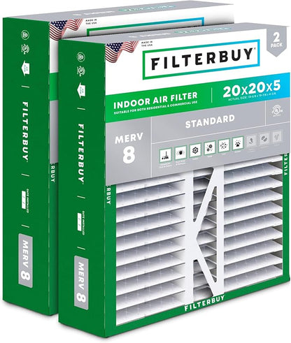 Filterbuy 20x20x5 Air Filter MERV 8 Essential Dust & Allergy Defense (2-Pack), Pleated HVAC AC Furnace Filters for Honeywell FC100A1011, Lennox X0585, and More (Actual Size: 19.63 x 19.88 x 4.38)