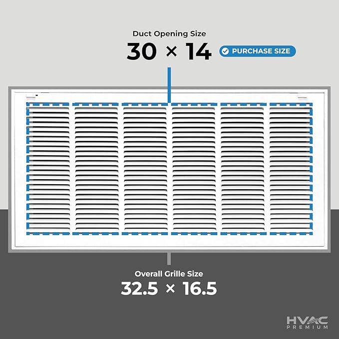 30x14 Return Air Vent Cover Grille for Wall or Ceiling Duct Opening - 1" Filter Compatible - Removable Flat Stamped Face Air Filter Grill by HVAC Premium - White - Overall Size: 32.5" x 16.5"