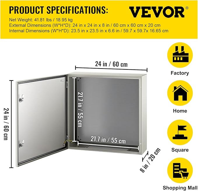 VEVOR NEMA Steel Enclosure, 24 x 24 x 8'' NEMA 4X Steel Electrical Box, IP66 Waterproof & Dustproof, Outdoor/Indoor Electrical Junction Box, with Mounting Plate