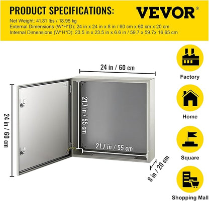 VEVOR NEMA Steel Enclosure, 24 x 24 x 8'' NEMA 4X Steel Electrical Box, IP66 Waterproof & Dustproof, Outdoor/Indoor Electrical Junction Box, with Mounting Plate