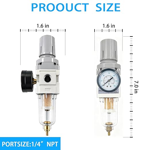 XingNEeng 1/4" NPT Compressed Air Filter Regulator Combo Piggyback, Water/Oil Trap Separator with Pressure Gauge(0-150 psi), Semi-Auto Drain, Poly Bowl, 5 Micron Brass Element, Metal Bracket
