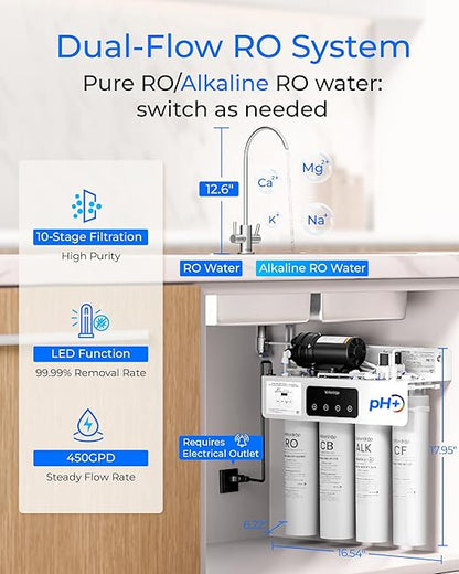[Dual Flow] Waterdrop WD-T4-A Alkaline pH+ Reverse Osmosis Water Filter, NSF/ANSI 372 Certified, 10-Stage, 450GPD Tankless Undersink RO Filtration System, 2:1 Pure to Drain, BPA Free, Plug-in required