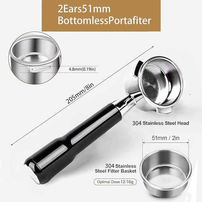 51mm Bottomless Portable Filter, 2 Ears, With 304 Stainless Steel Filter Basket, Compatible for Delong Ecp3420, Ec155, Bco430, Ec260, Ecp3120