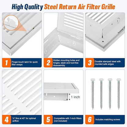 Fancat Return Air Filter Grille for 16x20 Ducts, Steel Air Vent Cover with Removable Door for 1" Filters | Fits Sidewall & Ceiling | Outer Size: 18 5/8" W x 22 5/8" H