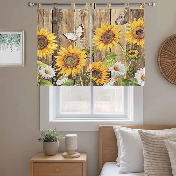 Farmhouse Sunflowers Bedroom Curtains 63 Inch Length, Window Curtains Tab Top, Rustic Floral Buttterfly Wood Board Brown Light Filtering Window Treatments Drapes 42"x63" 2 Panel
