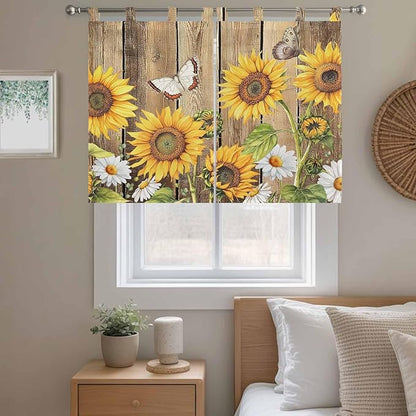Farmhouse Sunflowers Bedroom Curtains 63 Inch Length, Window Curtains Tab Top, Rustic Floral Buttterfly Wood Board Brown Light Filtering Window Treatments Drapes 42"x63" 2 Panel