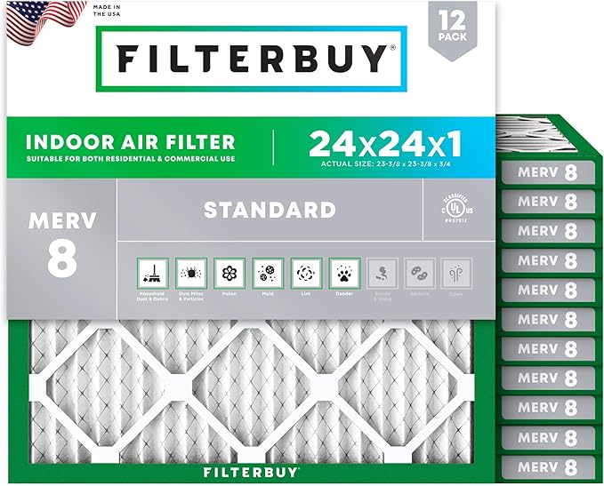 Filterbuy 24x24x1 Air Filter MERV 8 Essential Dust & Allergy Defense (12-Pack), Electrostatic Pleated HVAC AC Furnace Filters Replacement, Made in USA (Actual Size: 23.38 x 23.38 x 0.75)